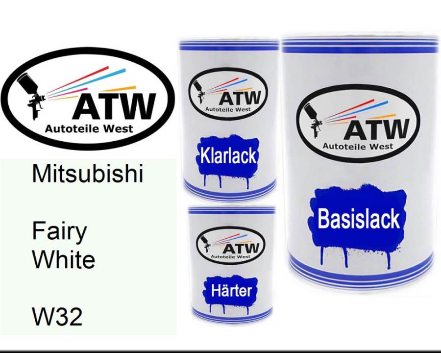 Mitsubishi, Fairy White, W32: 500ml Lackdose + 500ml Klarlack + 250ml Härter - Set, von ATW Autoteile West.